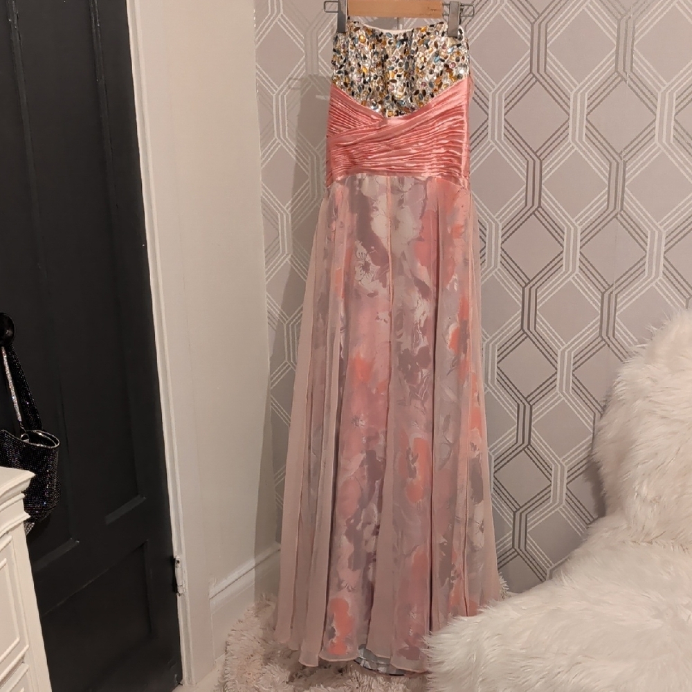 Floral and Pink Strapless Gown